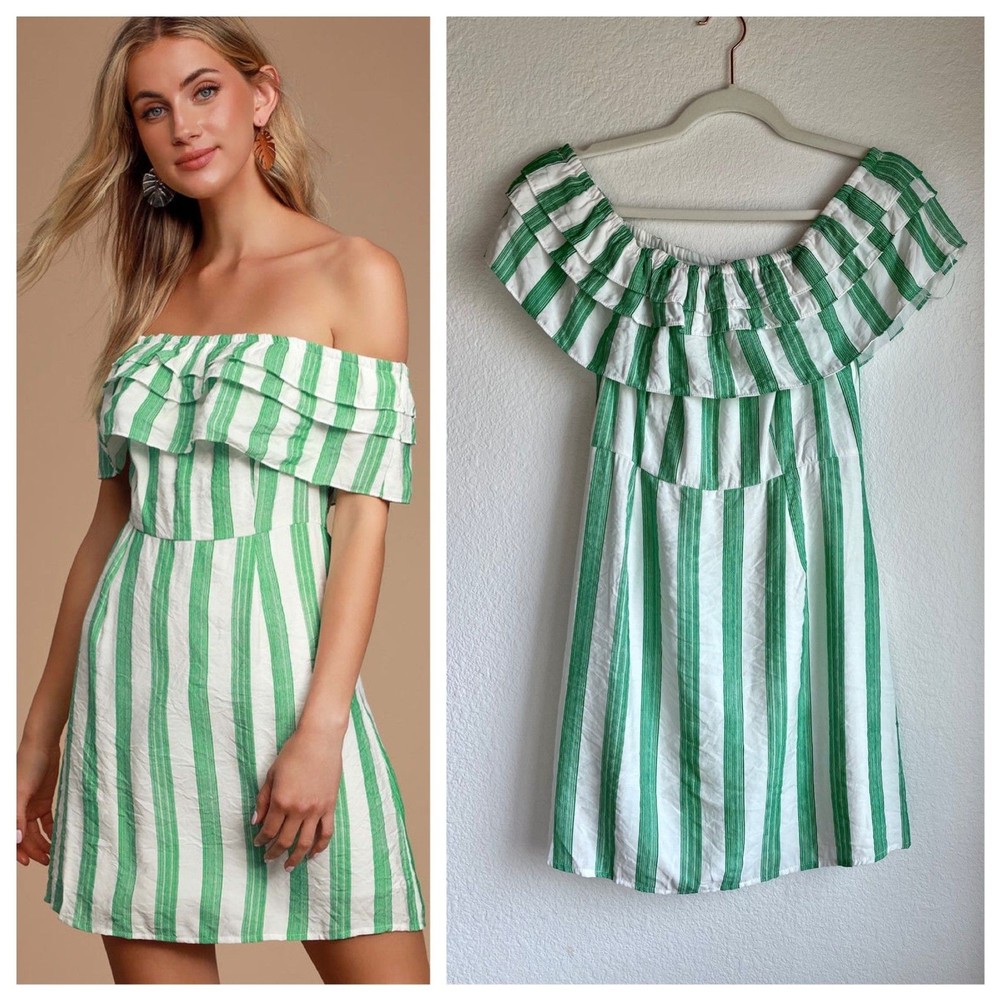 NWT Lulus Persephone White & Green Striped Off the Shoulder Ruffle Dress Size S