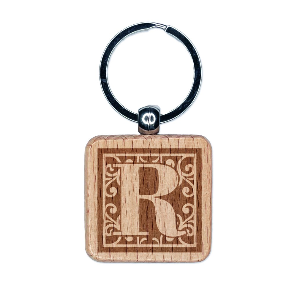 Monogram Swirls Capital Letter R Engraved Wood Square Keychain Tag Charm