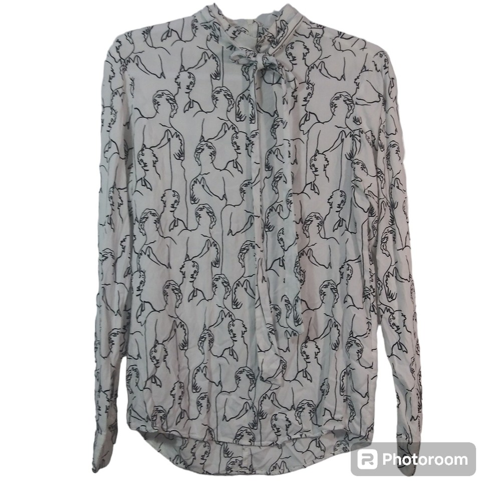 ASOS White Abstract Print Tie Neck Long Sleeve Blouse Size Small