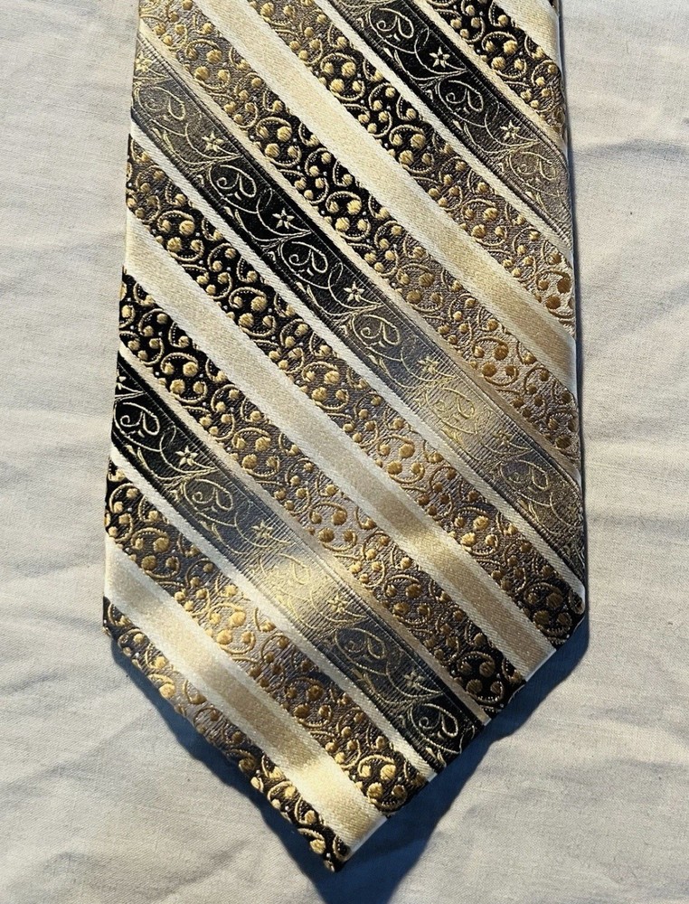 Pierre Cardin 100% Silk Striped Tie Gold Black Silver Men's Necktie