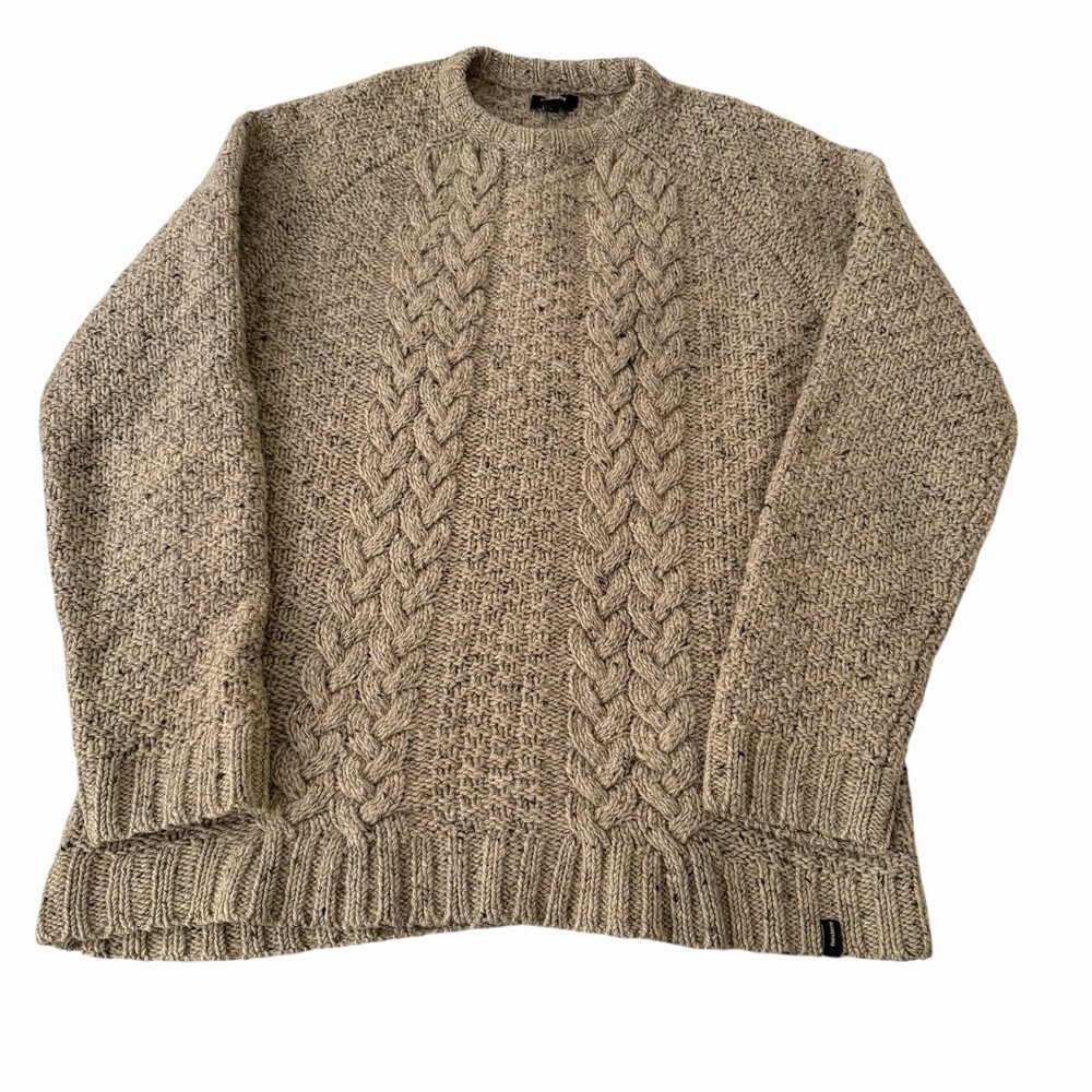 Finisterre Men’s Pure New Wool Cable Knit Oat Beige Fisherman Sweater Size Large