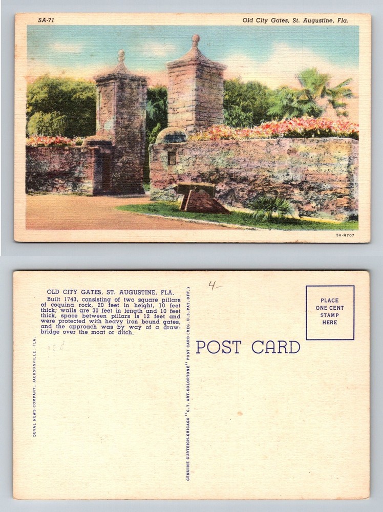 St. Augustine, FL-Florida, Old City Gates Coquina Rock Pillars Vintage Postcard