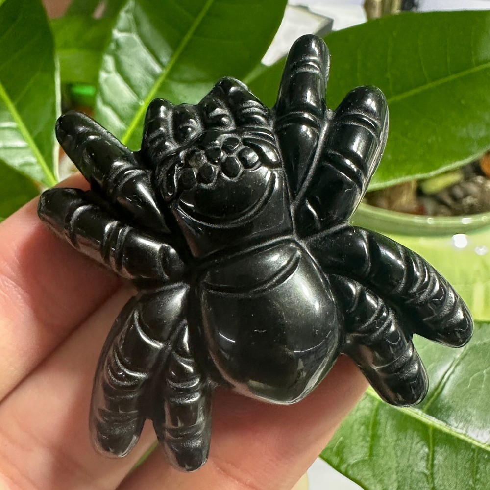 Natural Obsidian Hand-Carved Spider Quartz Skull Crystal for Reiki Healing