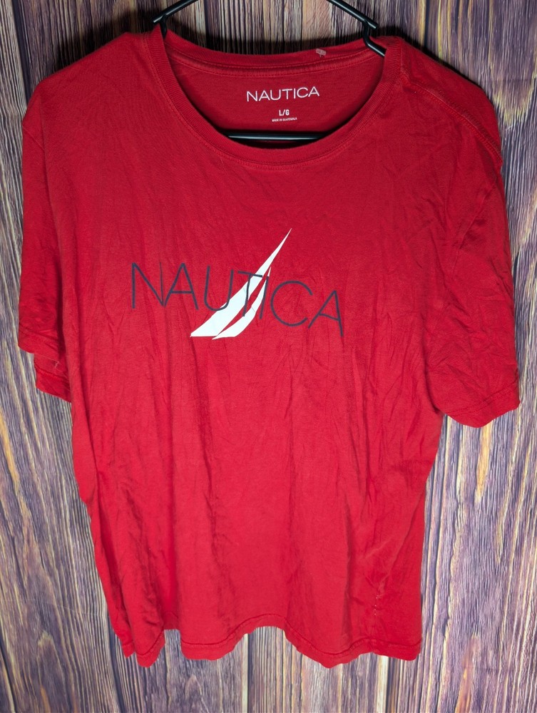 Nautica T-Shirt Men's Large Red Spellout Sail Logo Short Sleeve Crewneck Casual