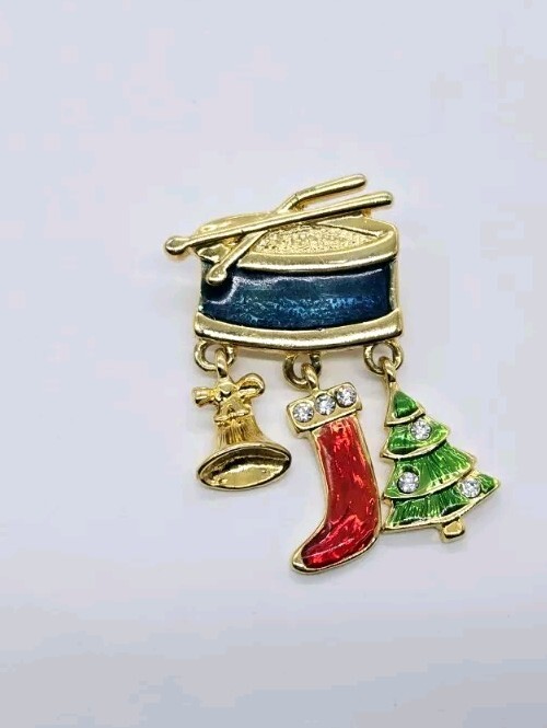 Christmas Drum Charm Brooch Gold tone enamel 1.75 in