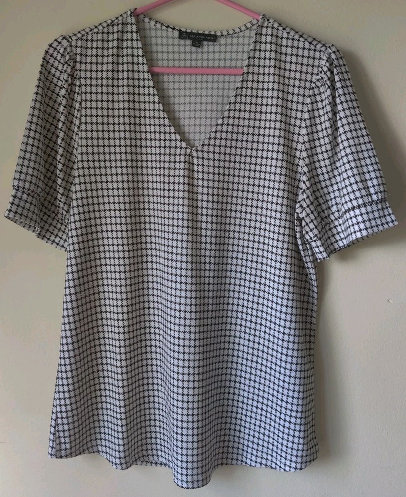 Adrianna Papell Black White Check Puff Sleeve V-Neck Liquid Knit Women's Medium