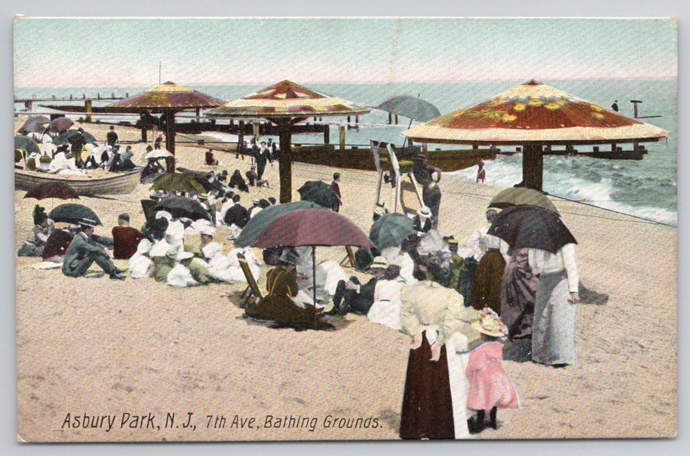 Asbury Park NJ 7th Ave Bathing Grounds Beach Scene Postcard 1910s