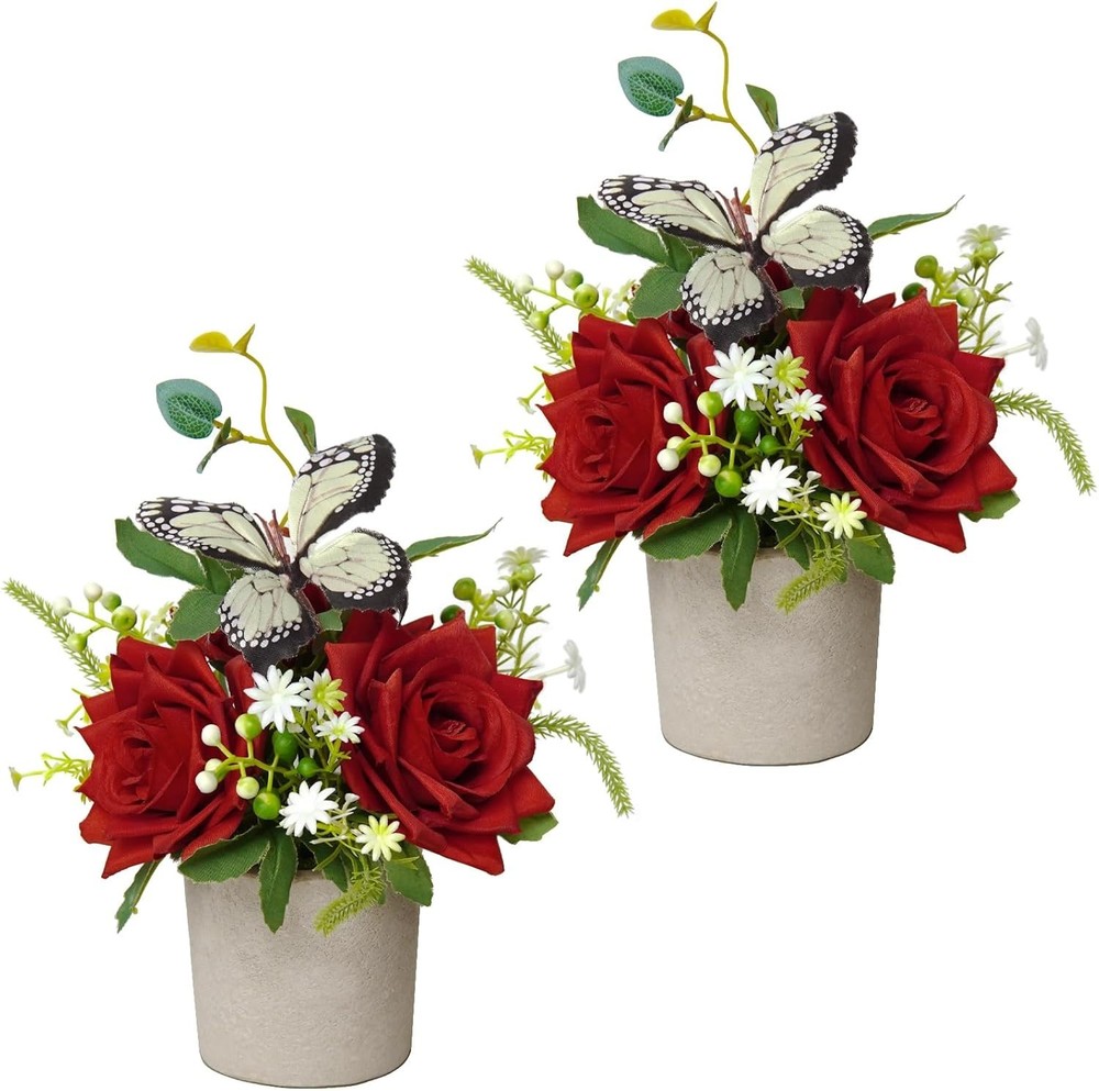 2 Pack Small Artificial Plants in Pots Rose Decor Fake Flowers in Pot Decorat...