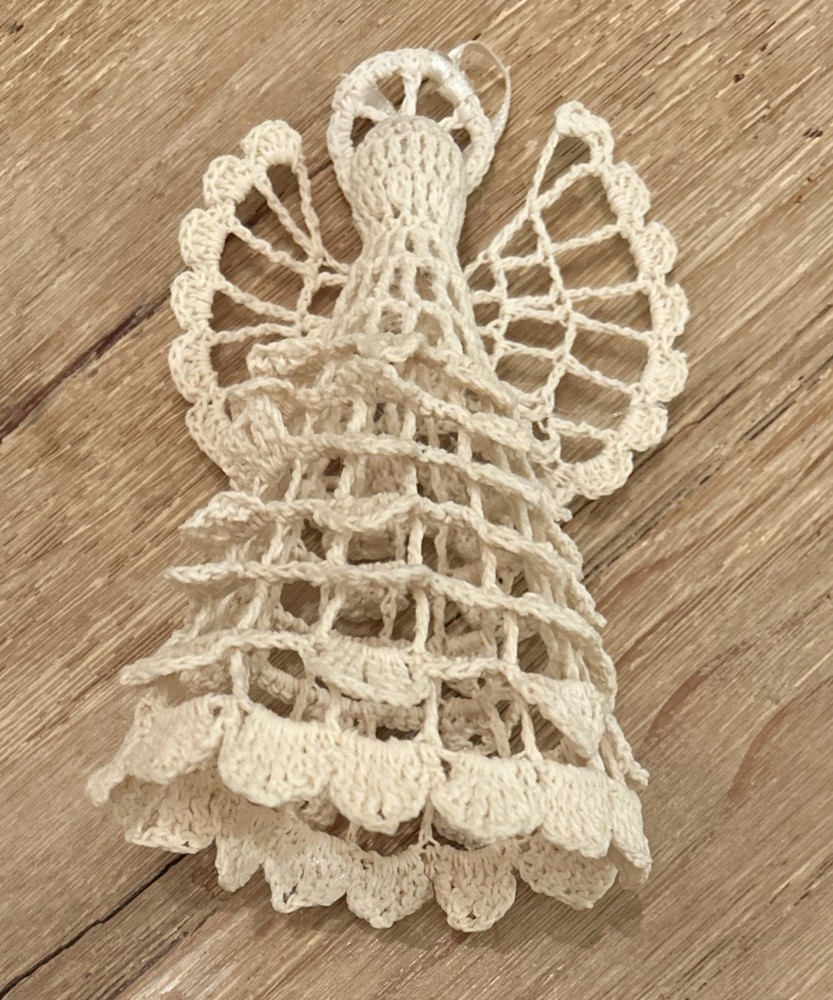 Vintage Crochet Lace Angel Christmas Tree Ornament Ivory Cream Stiff Starched 6”