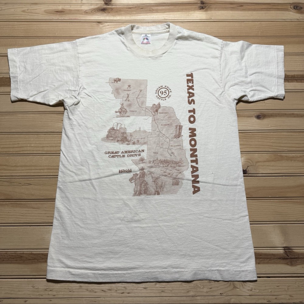 Vintage TEXAS TO MONTANA Great American Cattle Drive Horseback Ranch Shirt Large