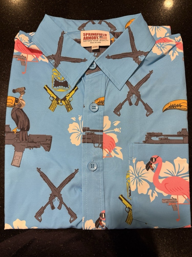 Springfield Armory 2022 Men's Hawaiian Shirt 2XL Blue Flamingo Graphic Print