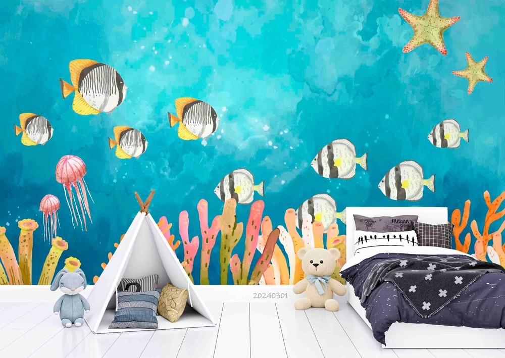 3D Underwater World Coral Fish Blue Wall Murals Wallpaper Murals Wall Sticker