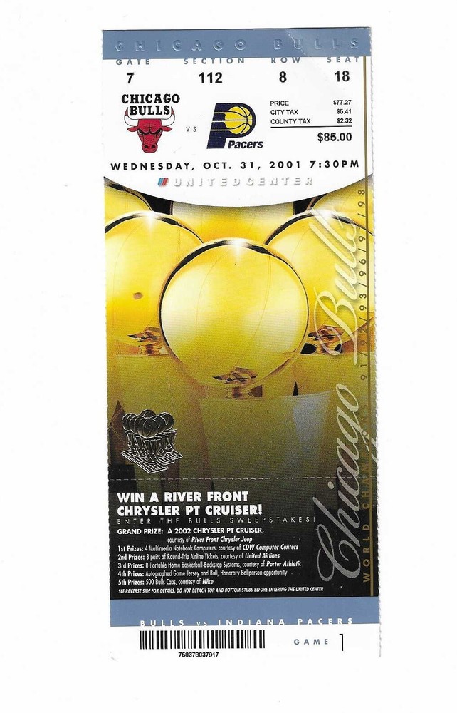 Chicago Bulls vs Indiana Pacers Unused Basketball Ticket from 10/31/2001