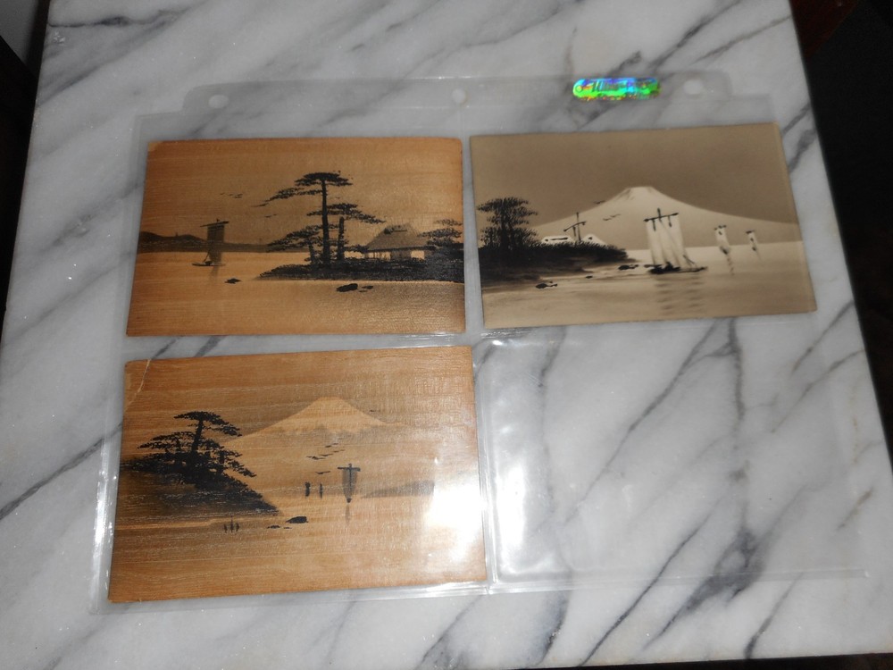 3 Vintage JAPAN WOVEN SILK Postcards