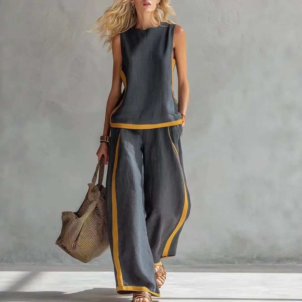 Simple Stripe Print Women's Suits Sleeveless Blouse Wide Leg Pants Two Piece Set