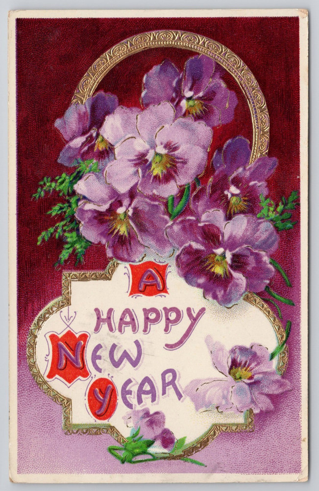 Vintage Postcard c1910s A Happy New Year Purple Pansy Flowers Embossed