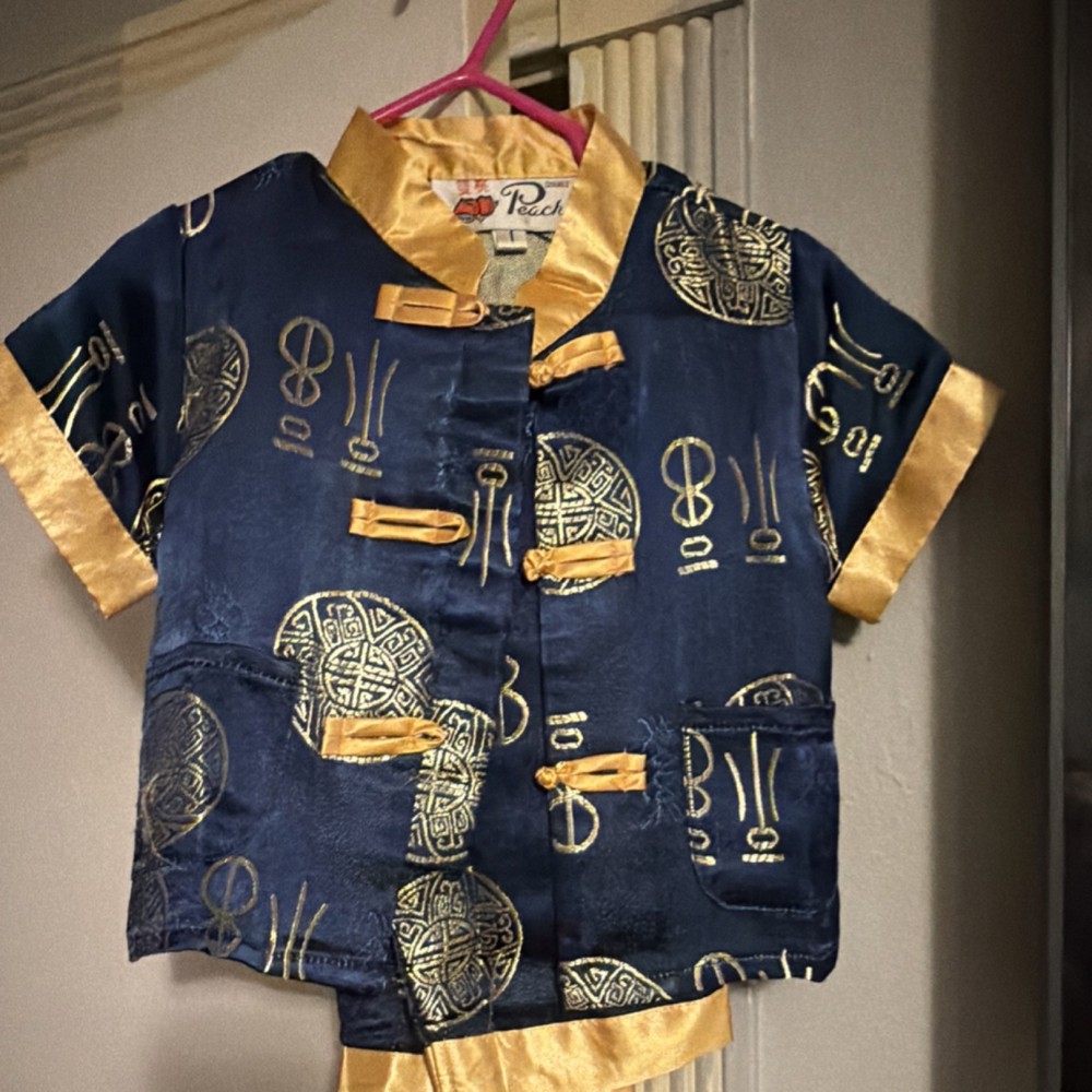 Peach 2T Satin 2-Piece Pants Set Shirt/Pants Blue Gold Short Sleeve Button