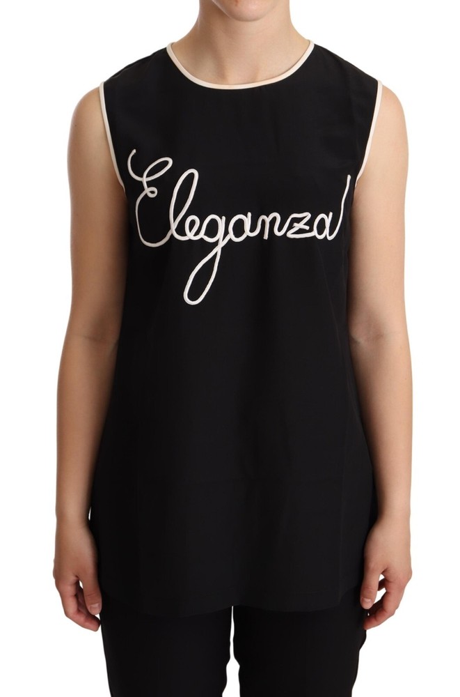 DOLCE & GABBANA Top Black Silk Eleganza Print Sleeveless Tank IT40/ US6 / S $800