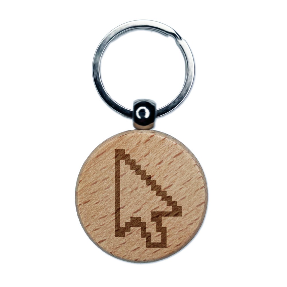 Digital Mouse Arrow Pointer Icon Engraved Wood Round Keychain Tag Charm