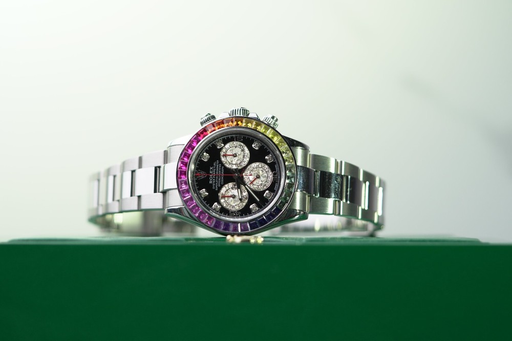 Rolex Daytona Stainless Steel 40mm Black Custom Rainbow Sapphire Bezel - 116520