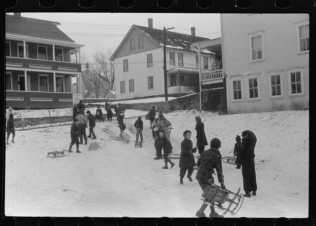 Photo:Jewett City Connecticut 1940 Children Sledding in Snow Hill
