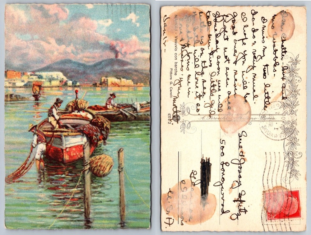 Vintage Napoli Vesuvius Fishing Boats Postcard G. Carelli Art 1910 Italy