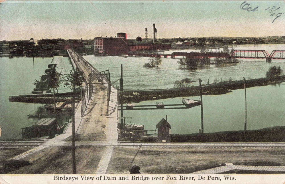 Birdseye View Dam & Bridge Fox River De Pere Wisconsin WI c1910 Postcard