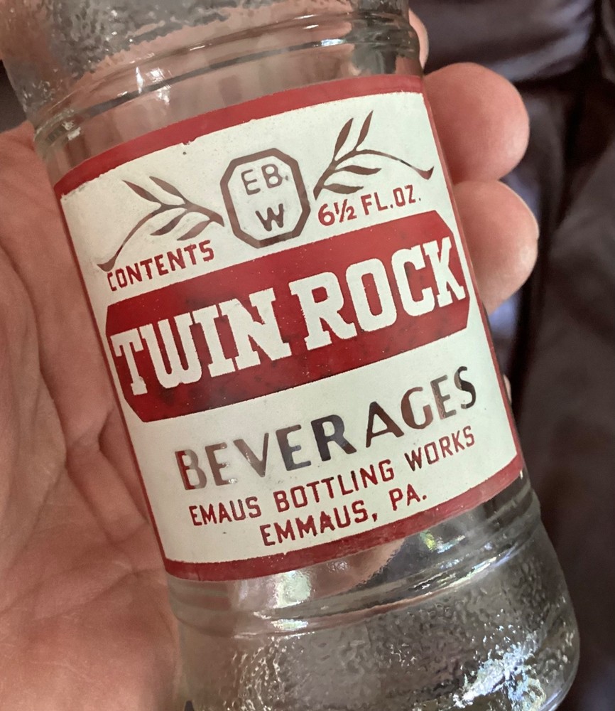 Emmaus PA Soda Bottle Twin Rock Beverages 6.5 Oz ACL Painted Label Old 1950s.
