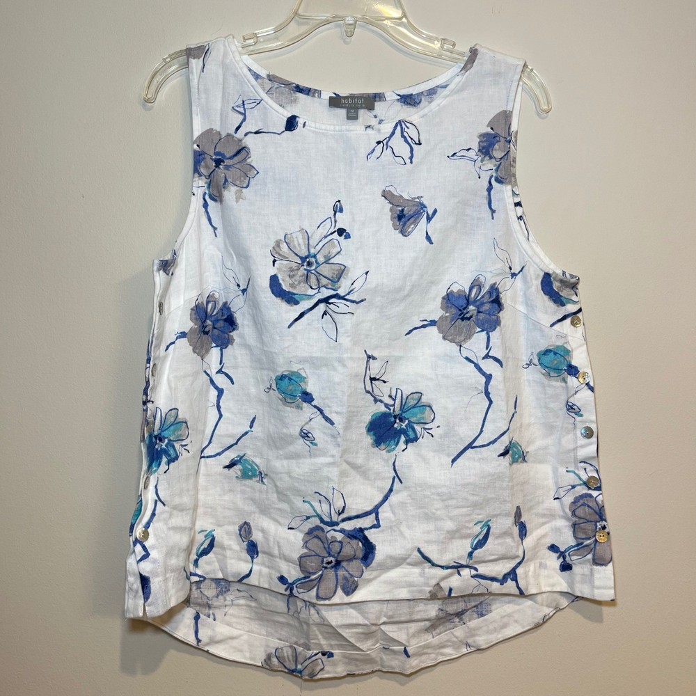 Habitat Sleeveless Blouse Tank White Blue Floral Side Buttons Linen Blend Medium