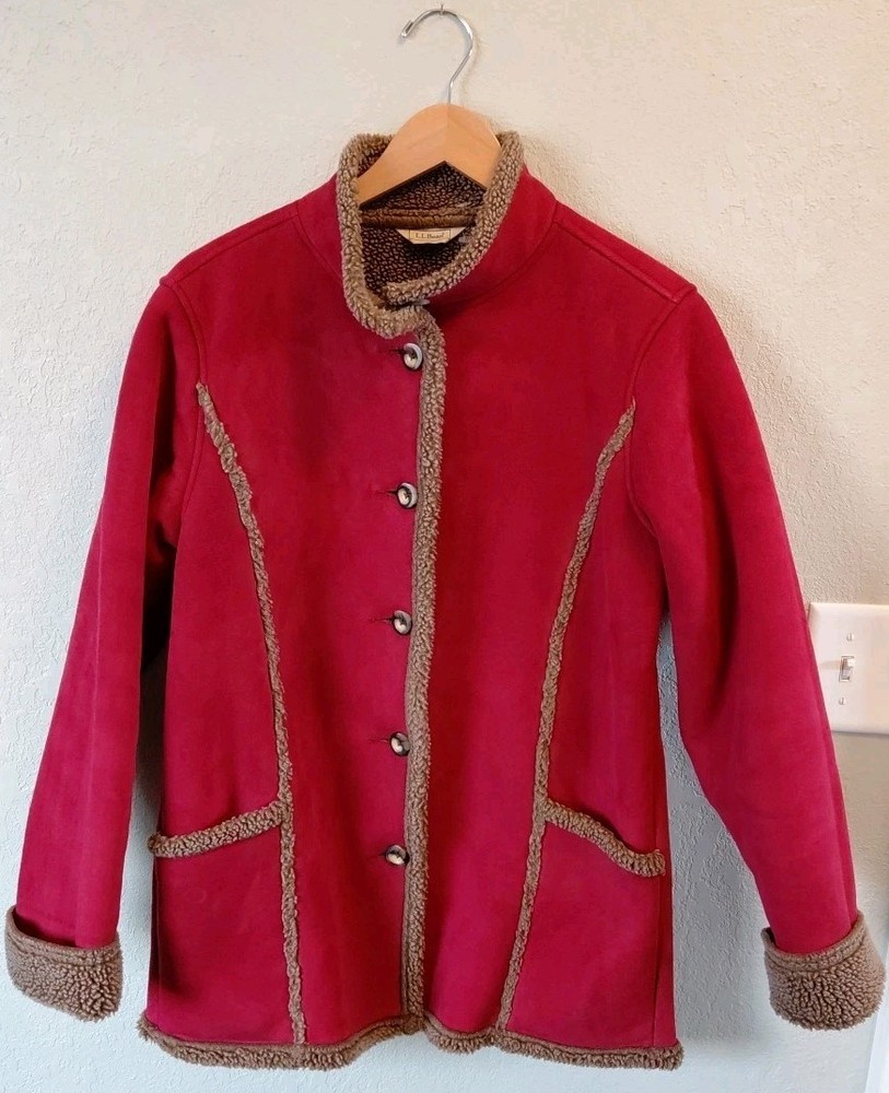 LL Bean Faux Suede Sherpa Lined Red Button Up Jacket Womens Size Small Outdoor