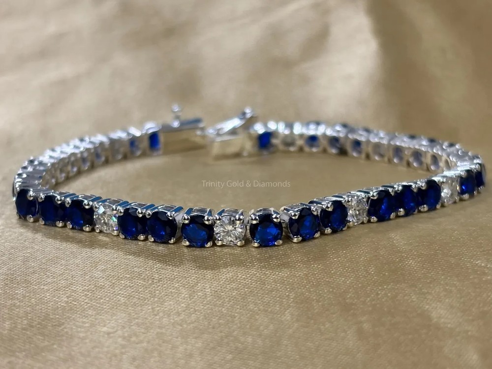 12.00 Ct Round Natural Sapphire Diamond Tennis Bracelet 14K White Gold 7 Inch