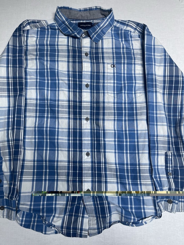 Calvin Klein Men's Long Sleeve button Up Shirt Xl 18/20 Blue And White A-2