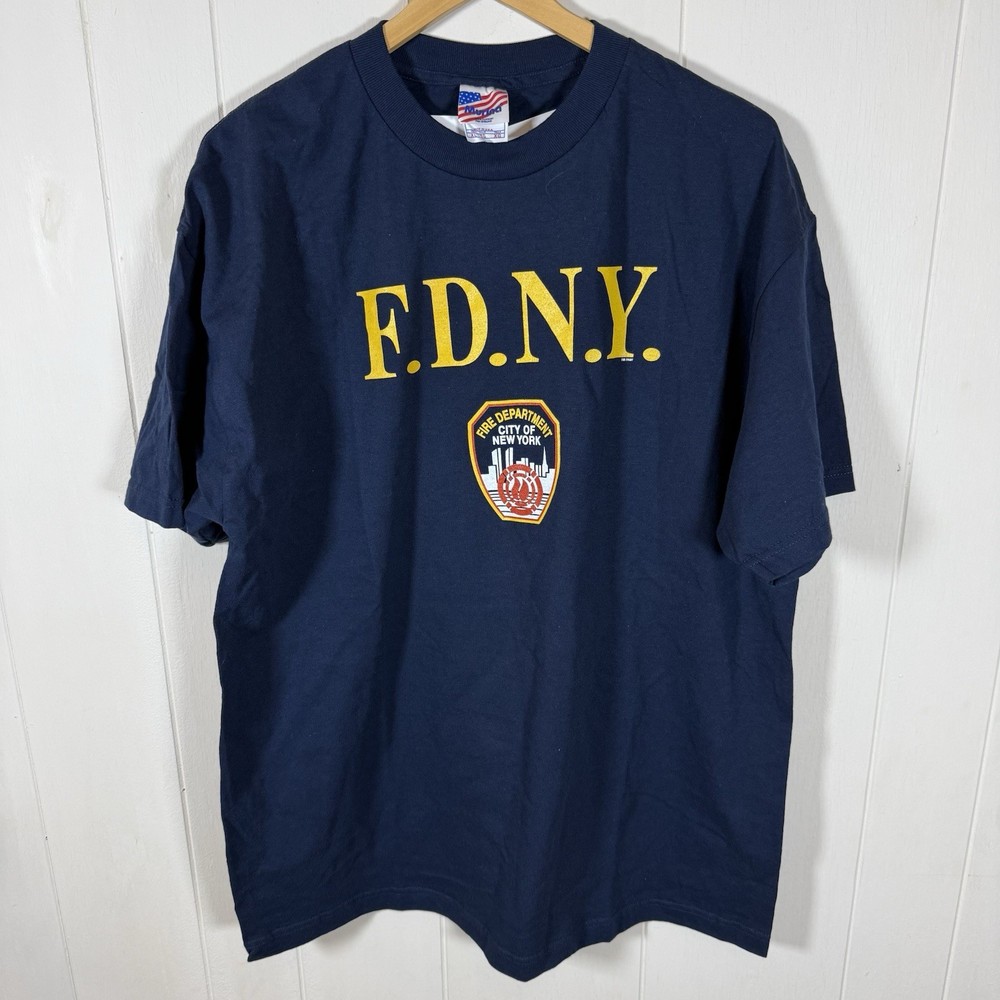 Vintage Jerzees Mens XL Dark Blue Fire Department FDNY NYC Graphic T-Shirt