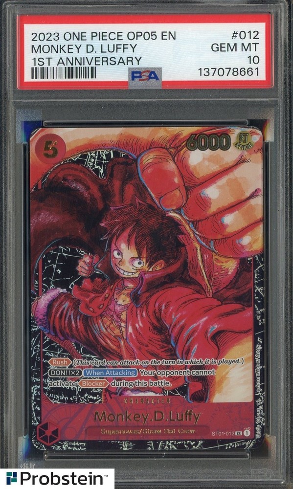 2023 One Piece OP05 EN 1st Anniversary #012 Monkey D Luffy PSA 10 GEM MINTPROBSTEIN is actively accepting consignments !!
