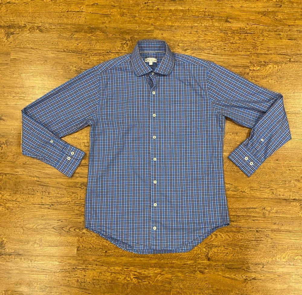 Peter Millar Plaid Check Blue Brown Button Up Casual Dress Shirt Men's Size Med