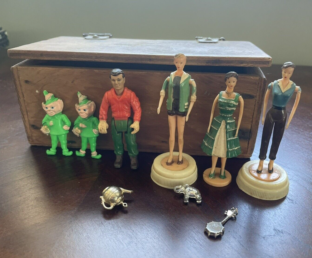 Vintage Wooden Trinket Box with Figurines, Bottle Cap, and Retro Toy Decor
