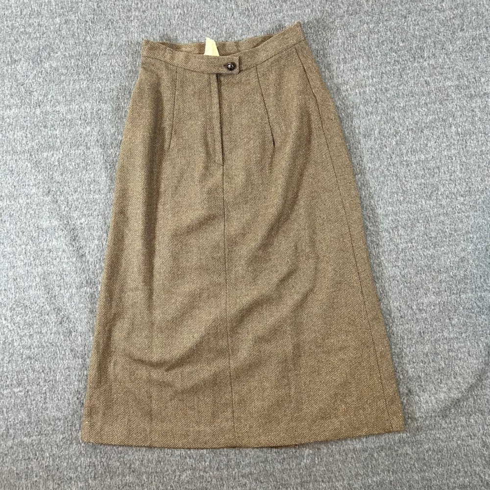 Vintage Wool Tweed Skirt Brown Herringbone High Waist Midi Career Size 5/6 80s