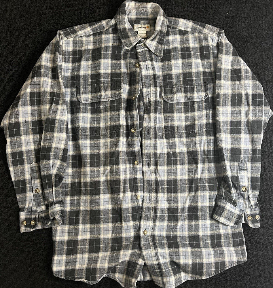 Carhartt Plaid Flannel Shirt Mens Large Gray Black Button Up Workwear Cotton
