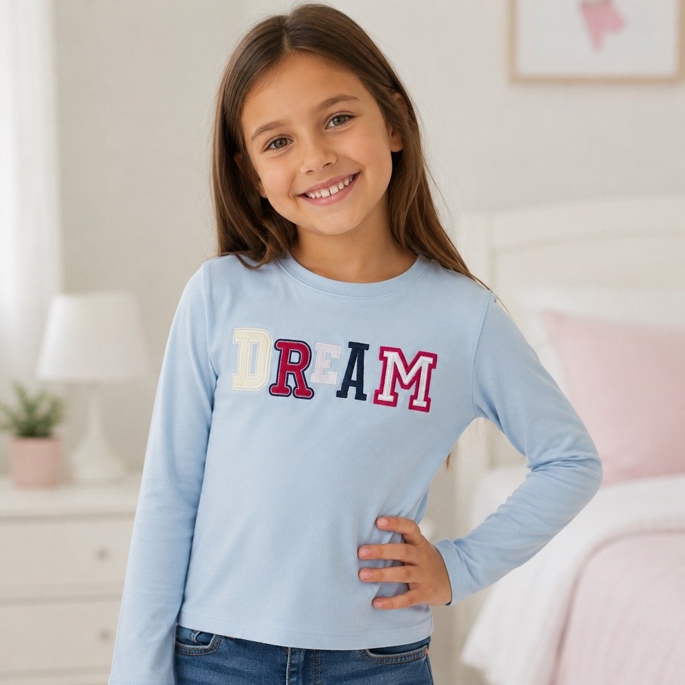 Member's Mark Long Sleeve Graphic Tee Girls M 7/8 Blue New DREAM Applique