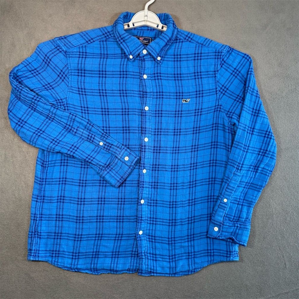 Vineyard Vines Classic Fit Whale Shirt Men's L Blue Plaid 100% Cotton Flannel