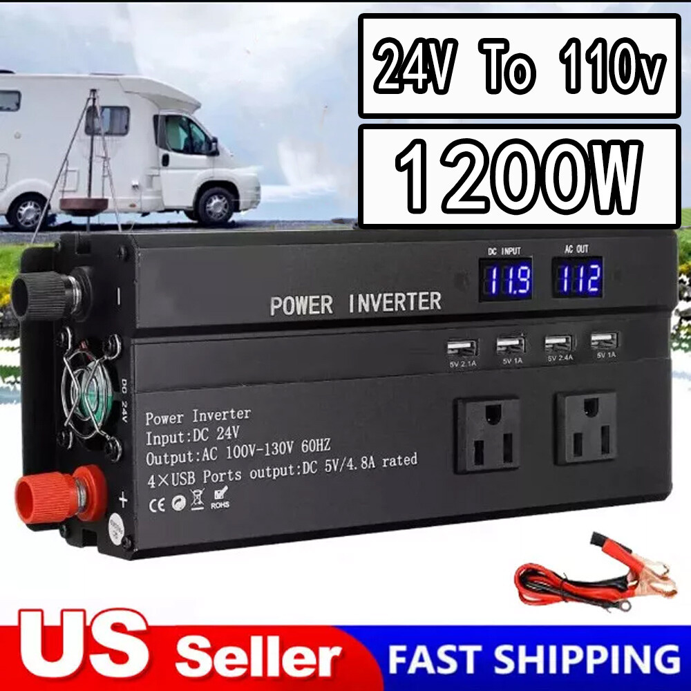 1200W LCD Car Power Inverter DC 24V To AC 110V Pure Sine Wave Solar Converter US