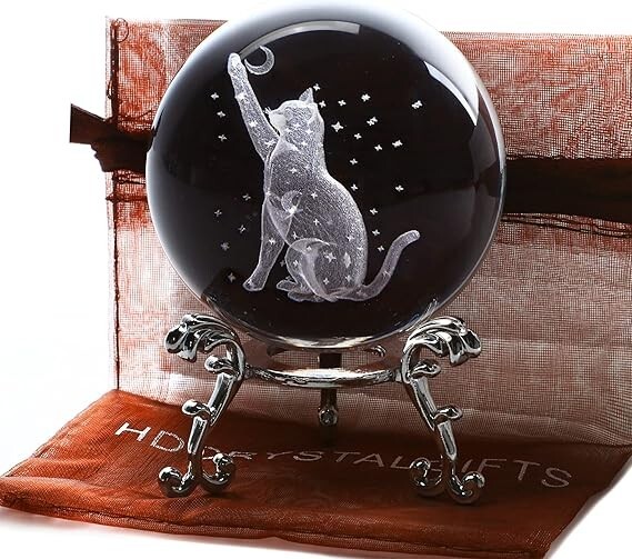 3D Glass Laser Etched Cat Crystal Ball with Stand Crystal Cat Figurine with Moon