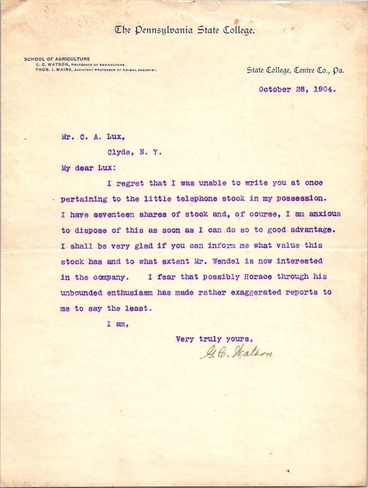 1904 Penn State College Letter G.C. Watson Telephone Stock Clyde NY Ephemera