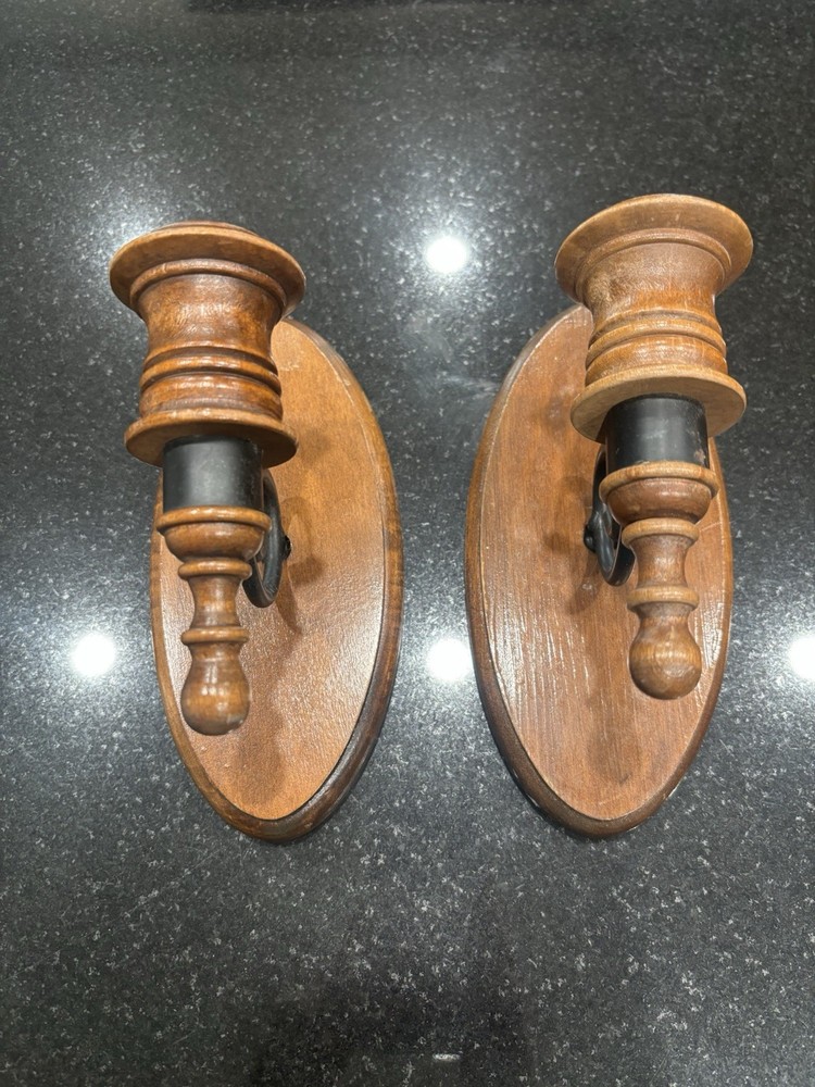 Vintage Pair Of Wood & Black Metal Wall Candle Sconce’s 7.5” L