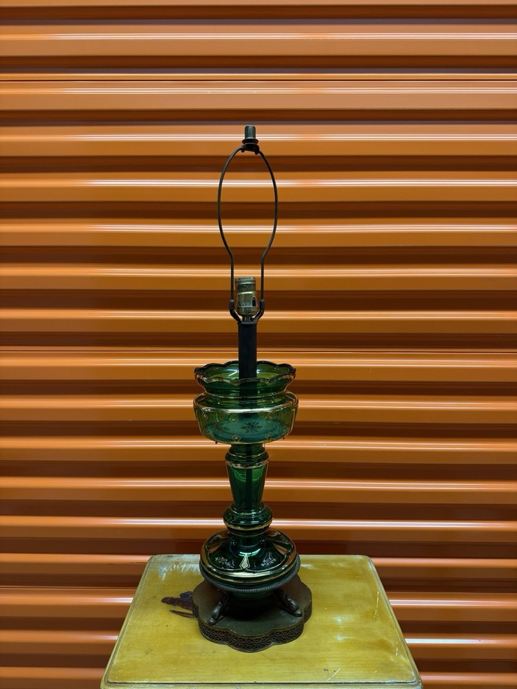 Vintage Green Glass Table Lamp Shaded Design Metal Base Art Deco
