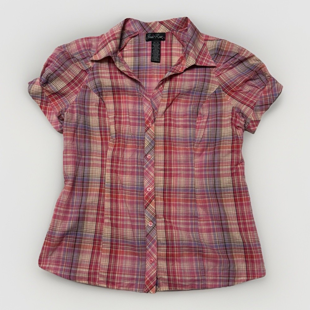 Susie Rose Women's Plaid Shirt Size XXL (19) Pink Red Short Sleeve Buttons