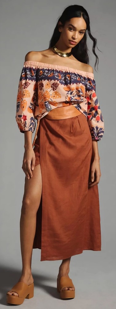 Farm Rio Anthropologie Off-The-Shoulder Printed Poplin Top Size S Boho Floral