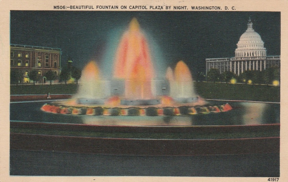 Postcard Beautiful Fountain On Capitol Plaza By Night Washington D.C. Linen