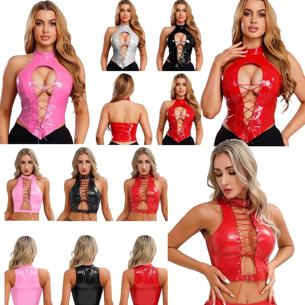 Women Sleeveless Bustier Clubwear Shiny Metallic Patent Leather Lace-up Vest Top