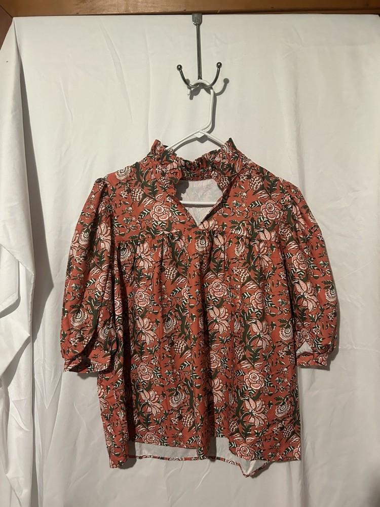 Womens XL Multicolor Floral Collared 3/4 Puff Sleeve Ruffle Tunic Blouse